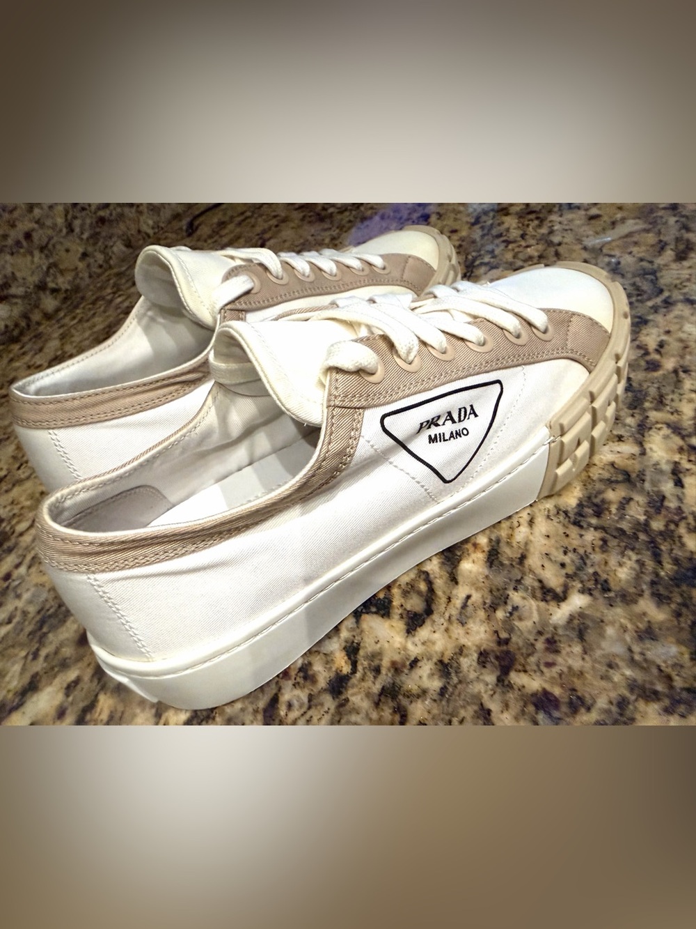 Prada  Garbardine Wheel White Canvas Sneakers with Beige Trim